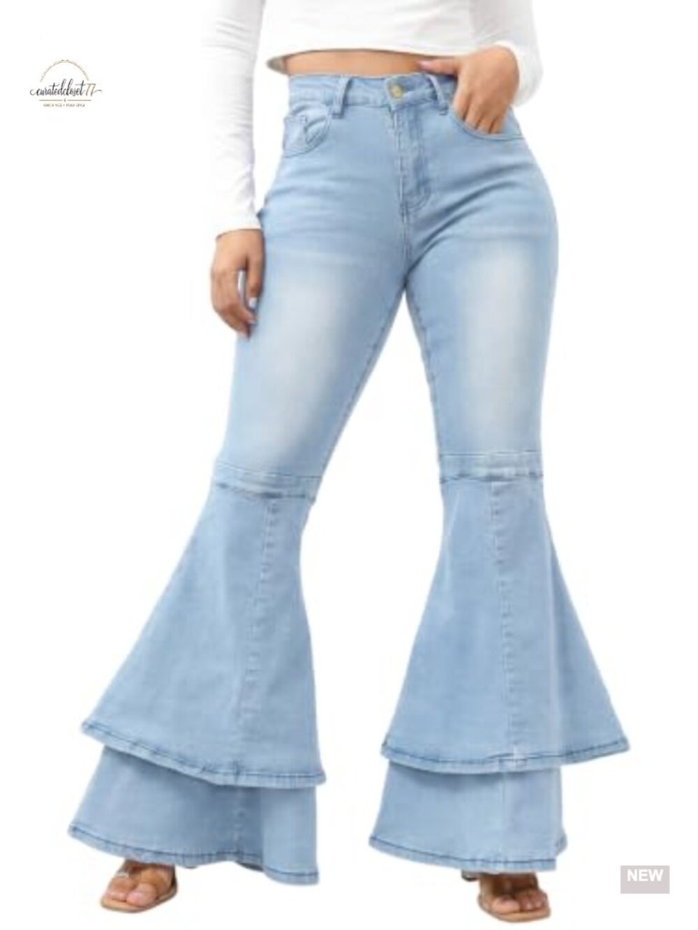 Stretch Ruffle Layered Hem Flared Bell Bottom Jeans